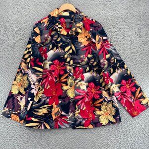 Chicos Jacket Womens 2 US Large Red Multi Floral Button Up Front Collar Stretch